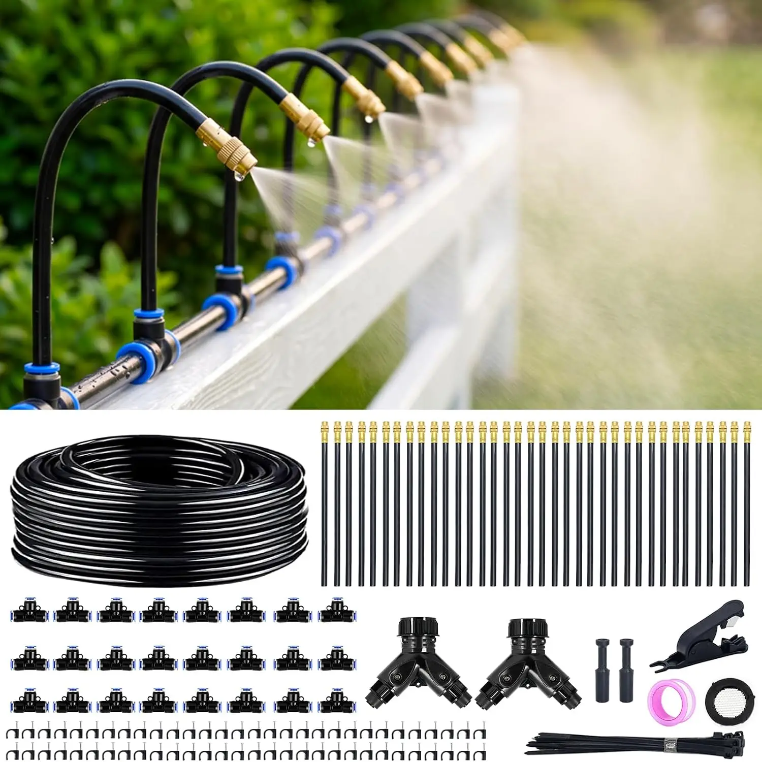 200FT 360 Adjustable Irrigation System for Garden  1/4" Tubing with 36 Nozzles, Automatic Watering Misting System