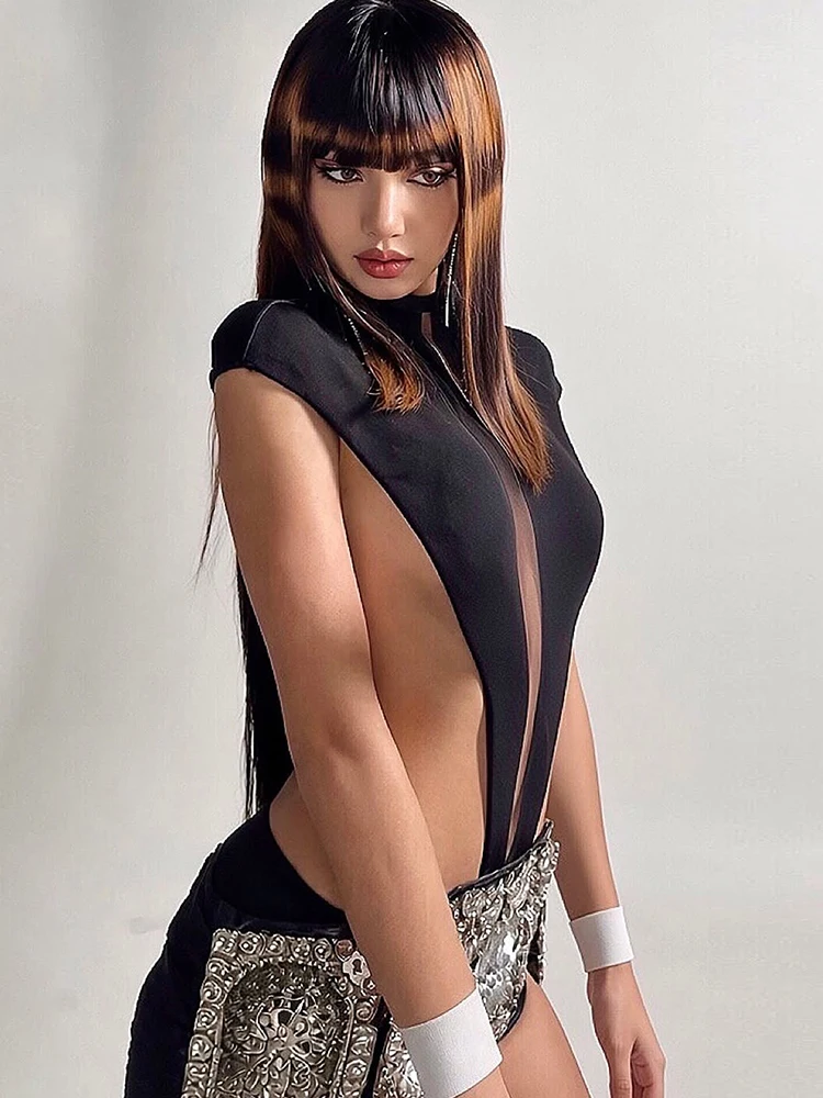 Sisterlinda Fashion Street Bodysuits Women Hottie Hollow Turtleneck Sleeveless Stretch Skinny Wild Midnight Party Streetwear