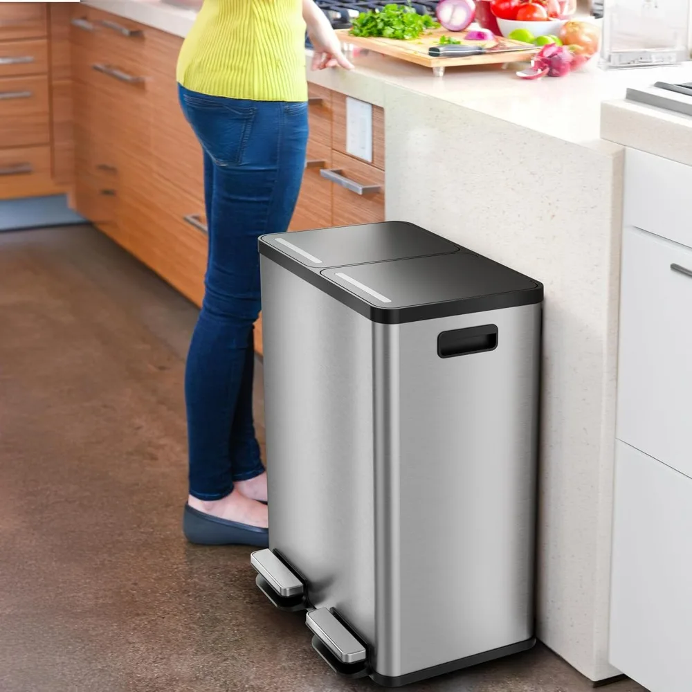 

Dual Trash Can and Recycling Bin , Stainless Steel Trashcan for Kitchen with Odor Filters, Soft Quiet Close, Kitchen Trash Cans