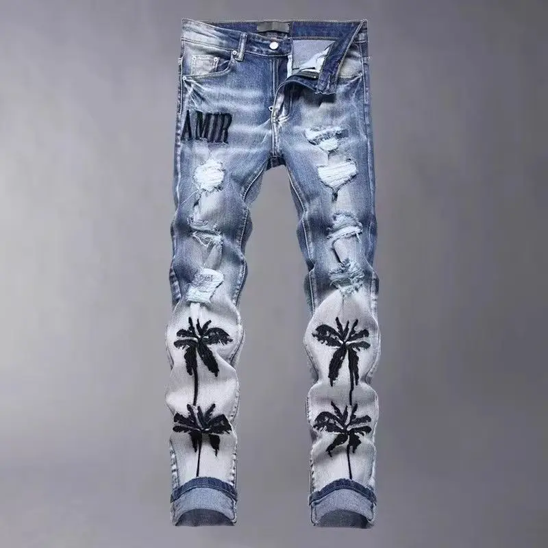 European American trendy Men Jeans Brand Spring/summer Personalized Slits Fitted slim-leg Denim Pants for men