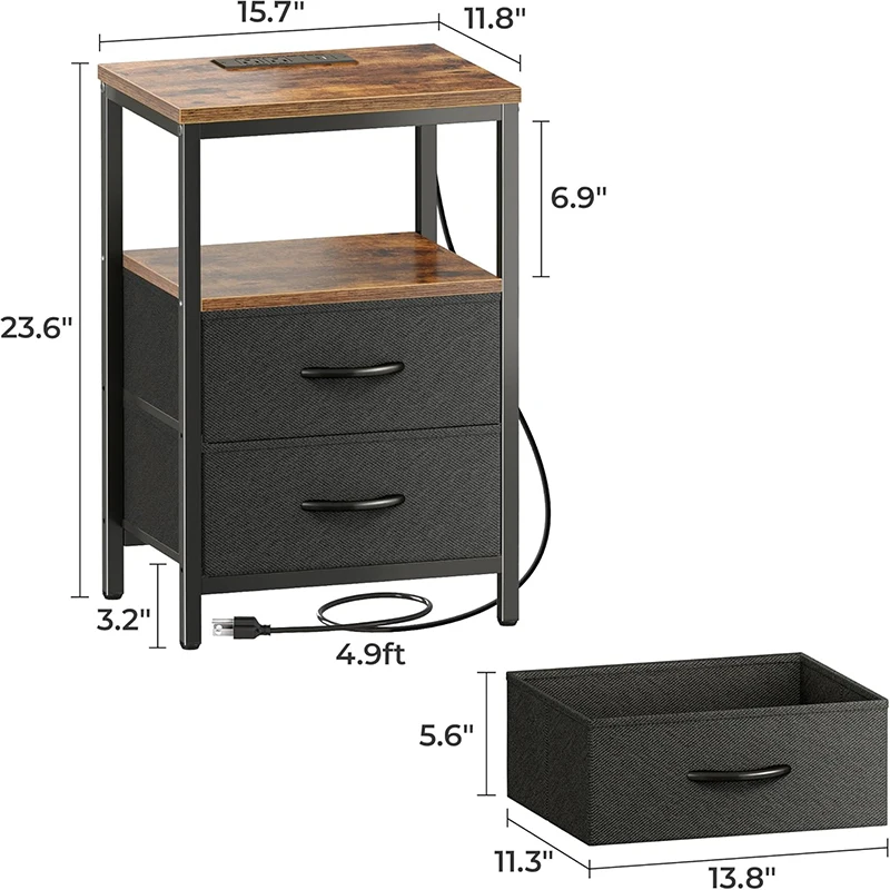 Huuger Nachttisch, Ladestation, Beistelltisch mit Stoffschubladen, Tisch mit offenem Regal, Nachttisch mit USB-Anschlüssen und Steckdosen