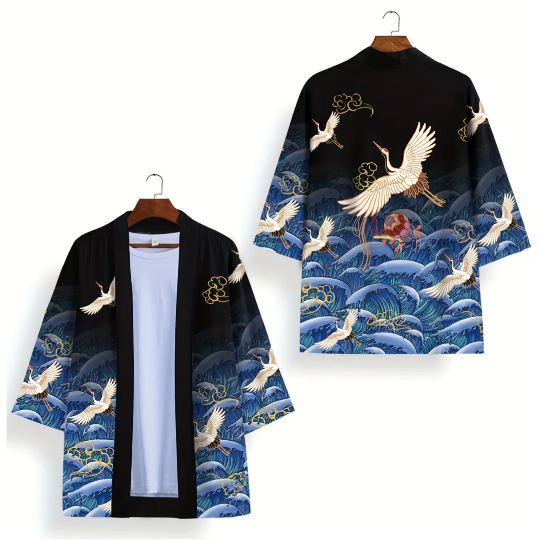 

Animal Bird Patterns Crane Waves Asian Traditional Costume Print Kimono Men Women Yukata Haori Harajuku Cosplay Cardigan Costume
