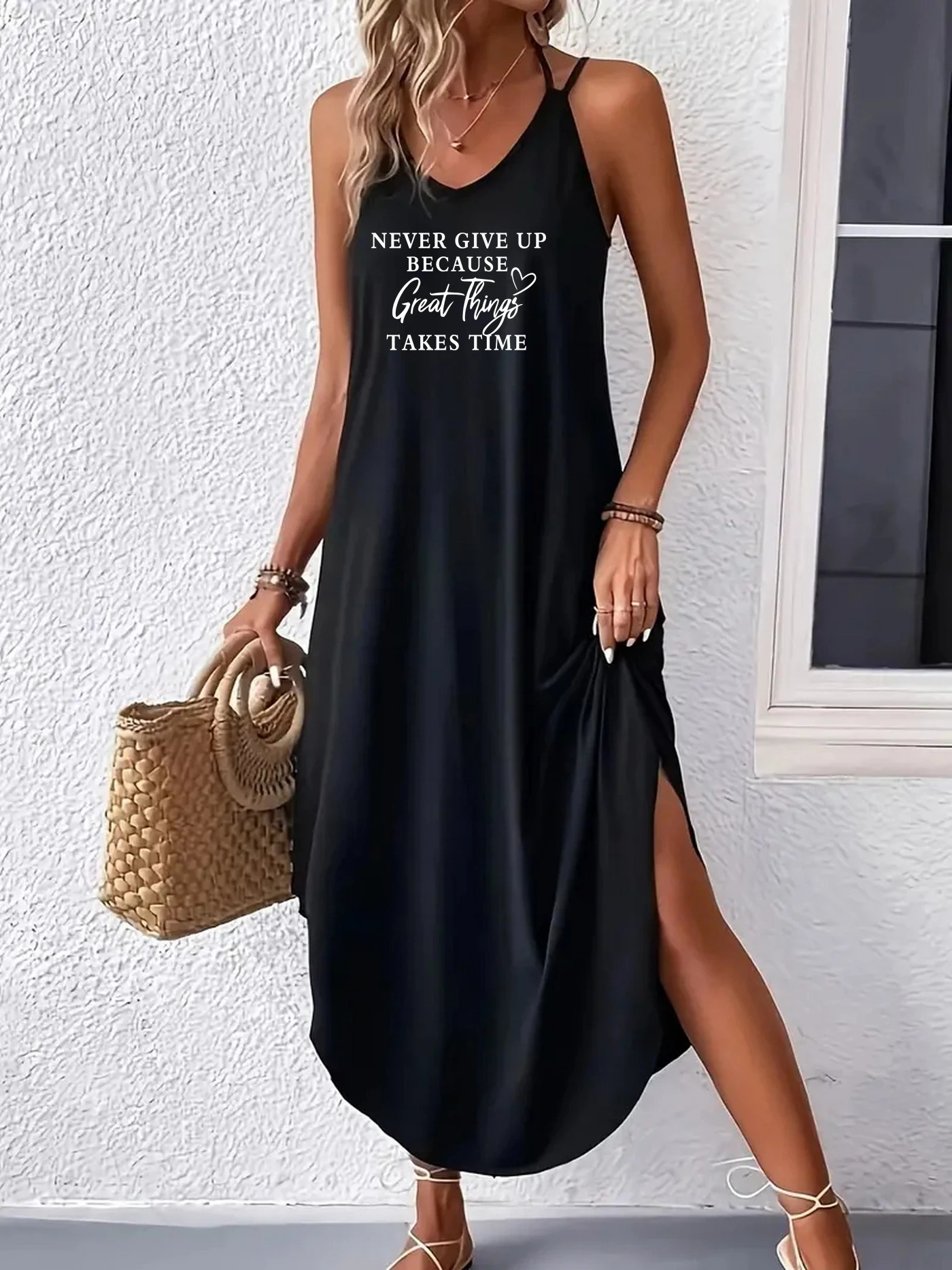 

letter Print Curvy Hem Cami Dress Sexy Sleeveless Spaghetti Strap Loose Maxi Dress Women's Clothing