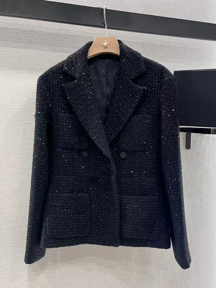 Spring 2025 Women's new vintage woven tweed wool blend button-pocket suit Jacket Fashion All-match straight-leg jacket