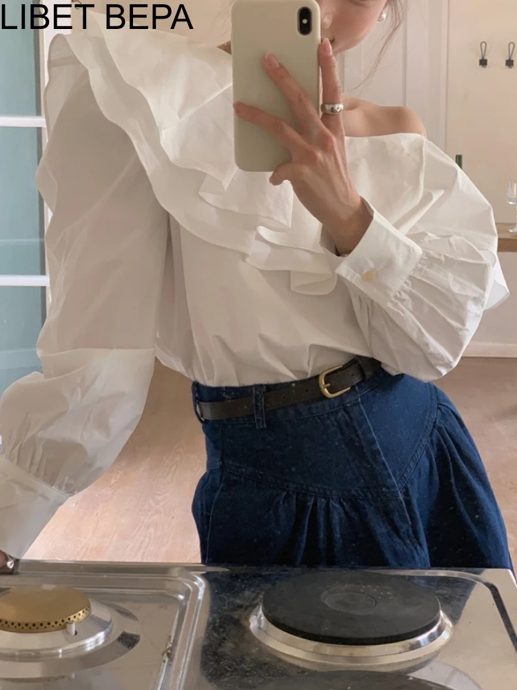 BL9893 New 2023 Skew Collar Shirts Ruffle Vintage Off Shoulder French Style Fashion Elegant Women Spring Summer Blouses Tops