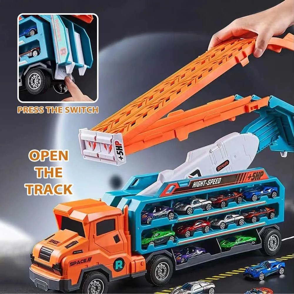 Multi functional Rail Car Toy Set - Includes 6 toy cars, roller coaster type track design, transformable truck