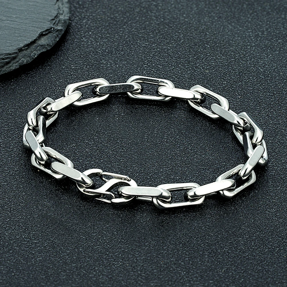 MKENDN Fashion Rectangle Chain Link Men Bracelet Punk Stainless Steel Motorcycle Bracelets Male Jewelry With Double S Clasp