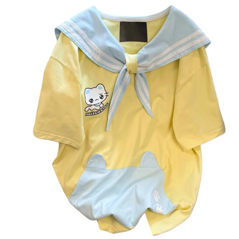 

Летние японские футболки в стиле кавай-лолита для женщин, с милым мультяшным принтом кошки, с матросским воротником, свободные топы для девочек, футболки в эстетике Y2K