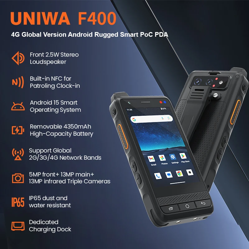 UNIWA Zello POC Walkie Talkie Global 4G Rugged PDA F400 Android 15 4 Inch 4GB+64GB 2.5W Big Speaker 4350mAh PoC SOS Button NFC