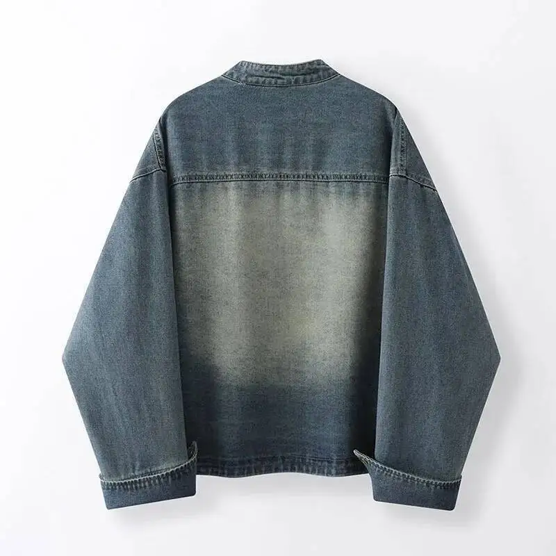 

Винтажная потертая джинсовая куртка, женская Haruku, индивидуальное свободное короткое пальто без воротника для женщин, осенняя джинсовая верхняя одежда с длинными рукавами