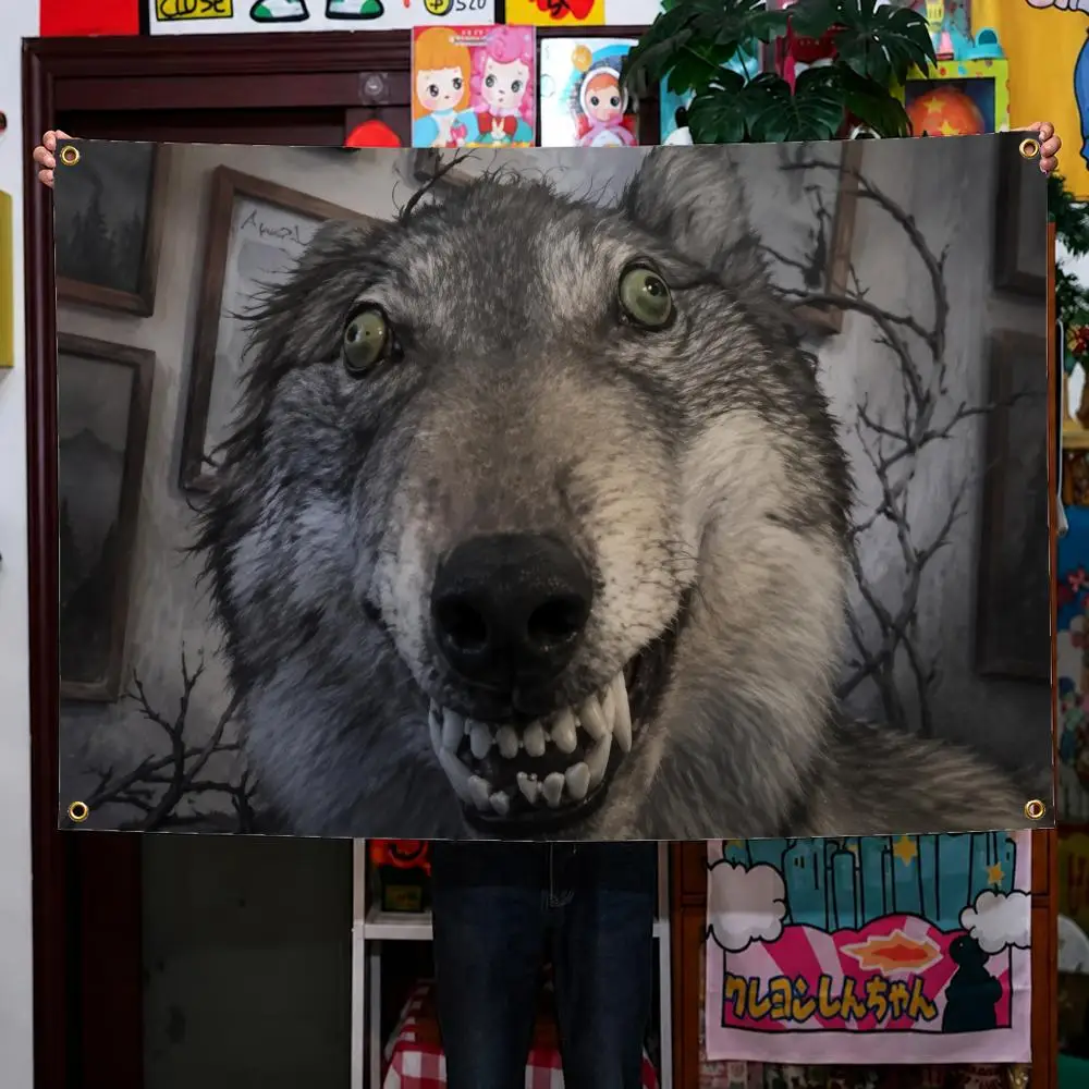 Meme Sitting Wolf Emo White Lone Wolf Flags Wall Hanging Background Flag Wall Decor Banners for Outdoor Bedroom Dorm Room Decor