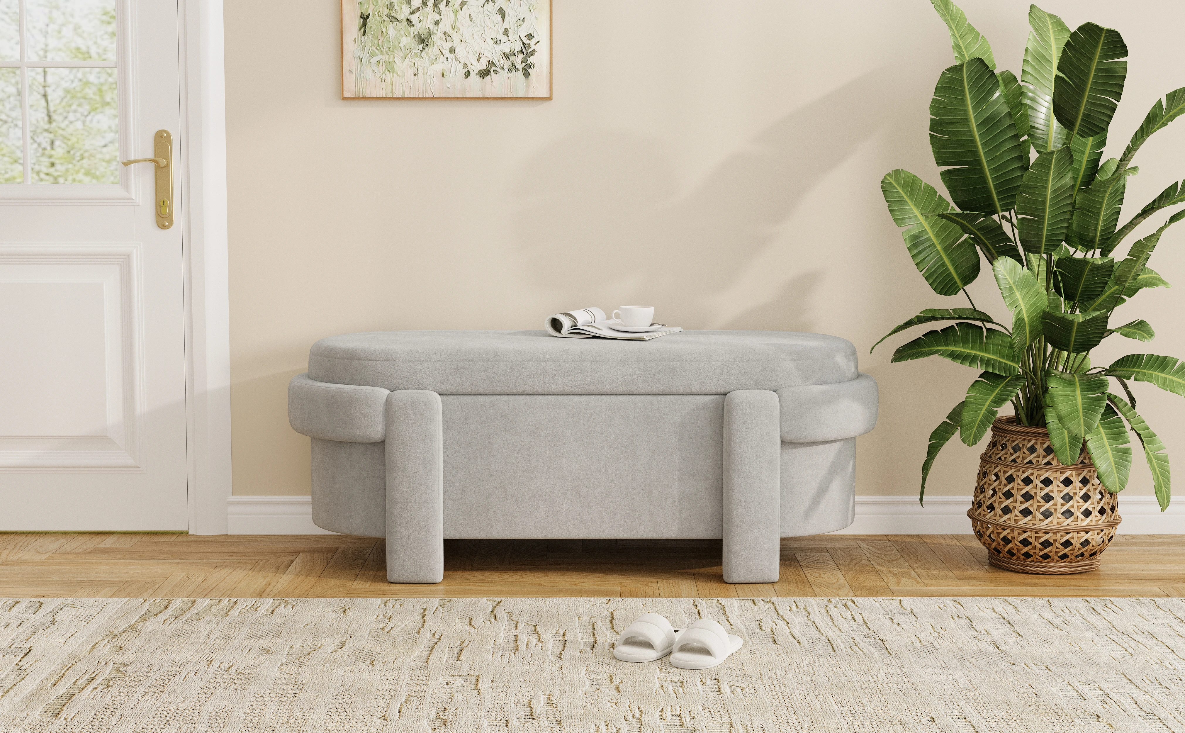 PINGGO Graue Gepolsterte Aufbewahrungsbank mit Deckel 121,5x49x44,5cm Fleece-Sitzbox für Wohnzimmer Schlafzimmer – Detail 1