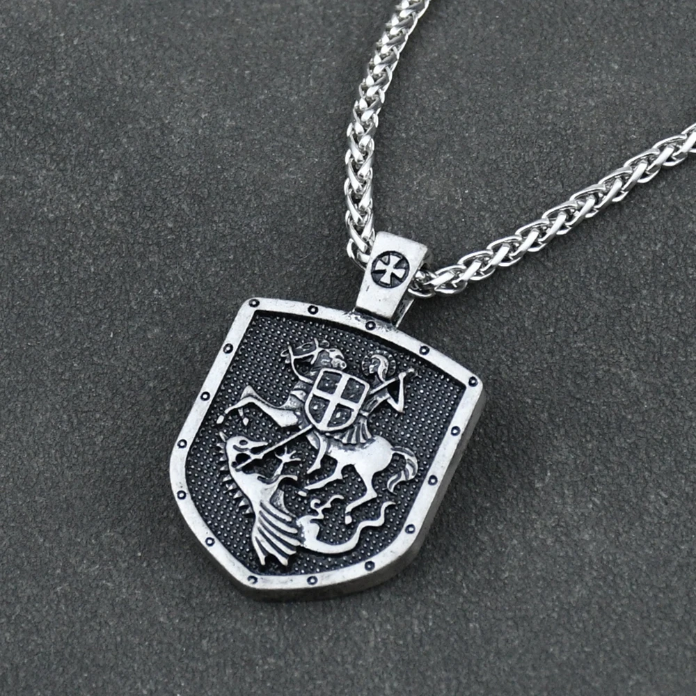 1PCS Dropshipping Men Necklace ST.GEORGE ON HORSE KILLS DRAGON Protect US Saint Shield Protection Cross Pendant Talisman Jewelry