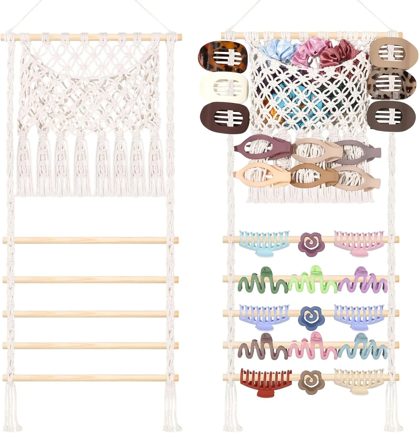 

Large Capacity Hair Clip Organizer Mesh Bag Wall Hanging Storage for Claw Clips Scrunchies, Boho Decor