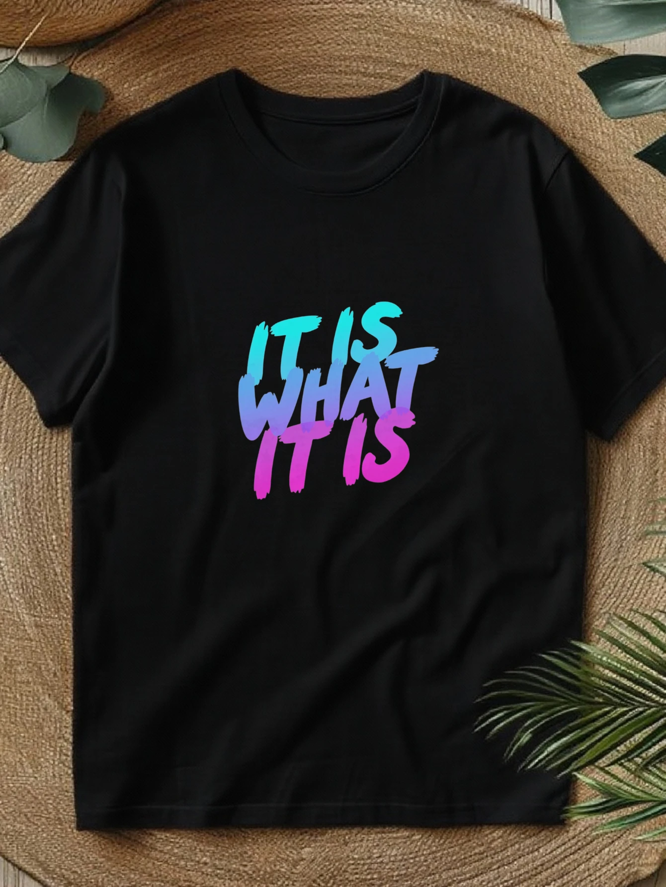 Women's "This Is It" Inspirational T-Shirt, Gradient Black and White with Blue and Pink Lettering, Soft Casual Round-Neck Short-Sleeve Top, Suitable for All Seasons, Women's T-Shirt, 1 Style with Playful Seasonal Print, Durable Print Quality, Women's Short-Sleeve T-Shirt, Seasonal Clothing