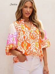 Fashion Casual Loose V-neck Half-sleeve Tops For Women 2024 Summer Personality Leopard Print Chiffon Shirt For Women Tops