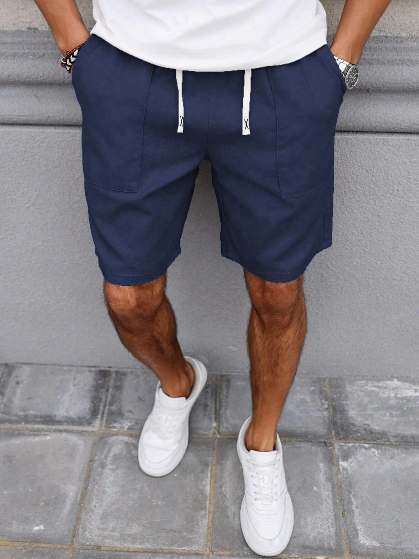 Sommer Herren Retro Amerikanischer Stil Shorts mit Kordelzug Lässige Hosen Einfarbig Trendige Mittellange Herrenshorts – Detail 13