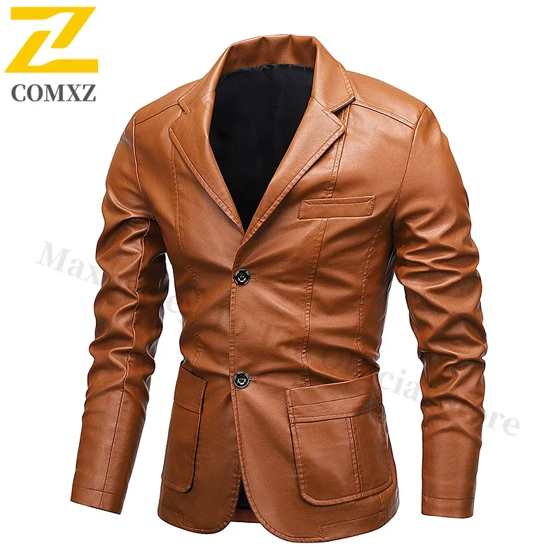 

Spring New Men's PU Jacket New V-neck Slim Fit Men Office Solid Color Leather Jacket Fashionable and Versatile Mens Clothing 6XL