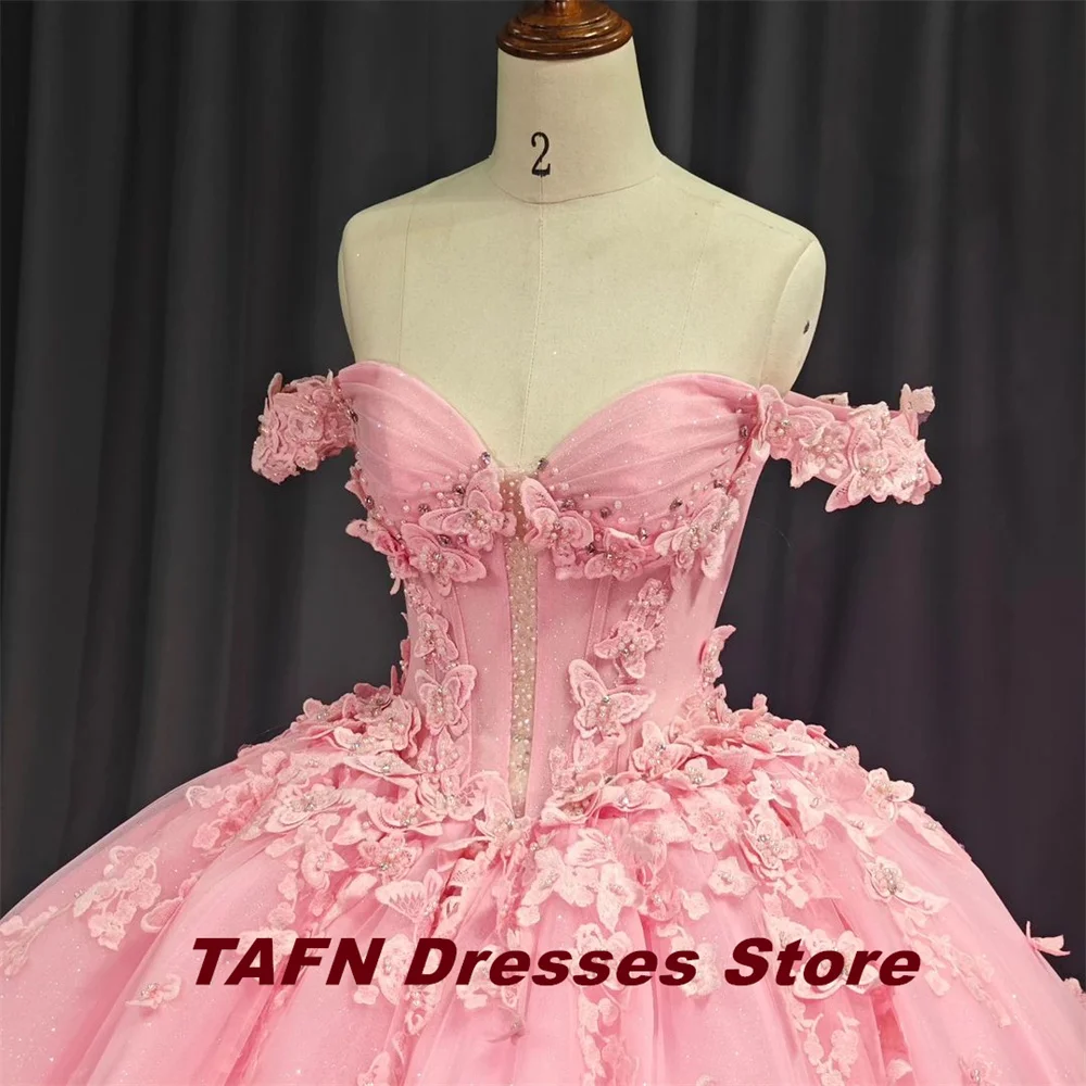 TAJoyPrincess-Robes de Quinceanera roses, appliques de papillon, robe de RhA-ligne, train de chapelle, robe à lacets, éducatif, 15