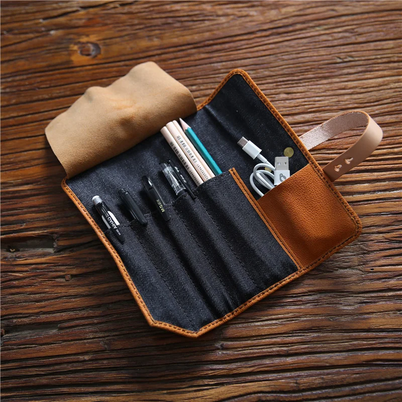 

Manual Handmade Men's Leather Pen Bag Top Leather Tool Kit Women's Cosmetic Bag Storage Stationery Bag