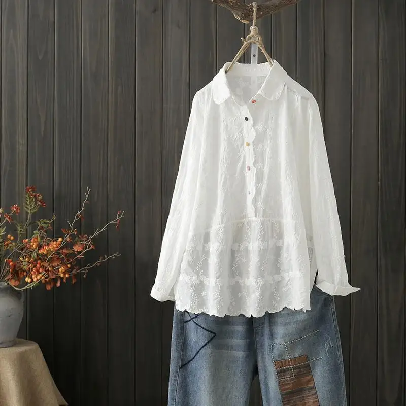 Full Lace White Shirts Women Turn Down Collar Embroidery Long Sleeve Long Tops Casual Loose Blouse Spring Autumn 2023 T37511JC