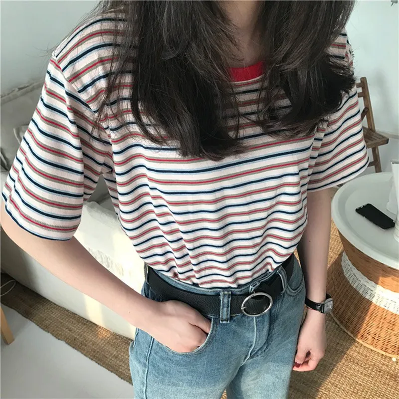 Women Summer Crewneck Striped T Shirt Short Sleeve Lightweight Casual T Shirt Blouses Tops