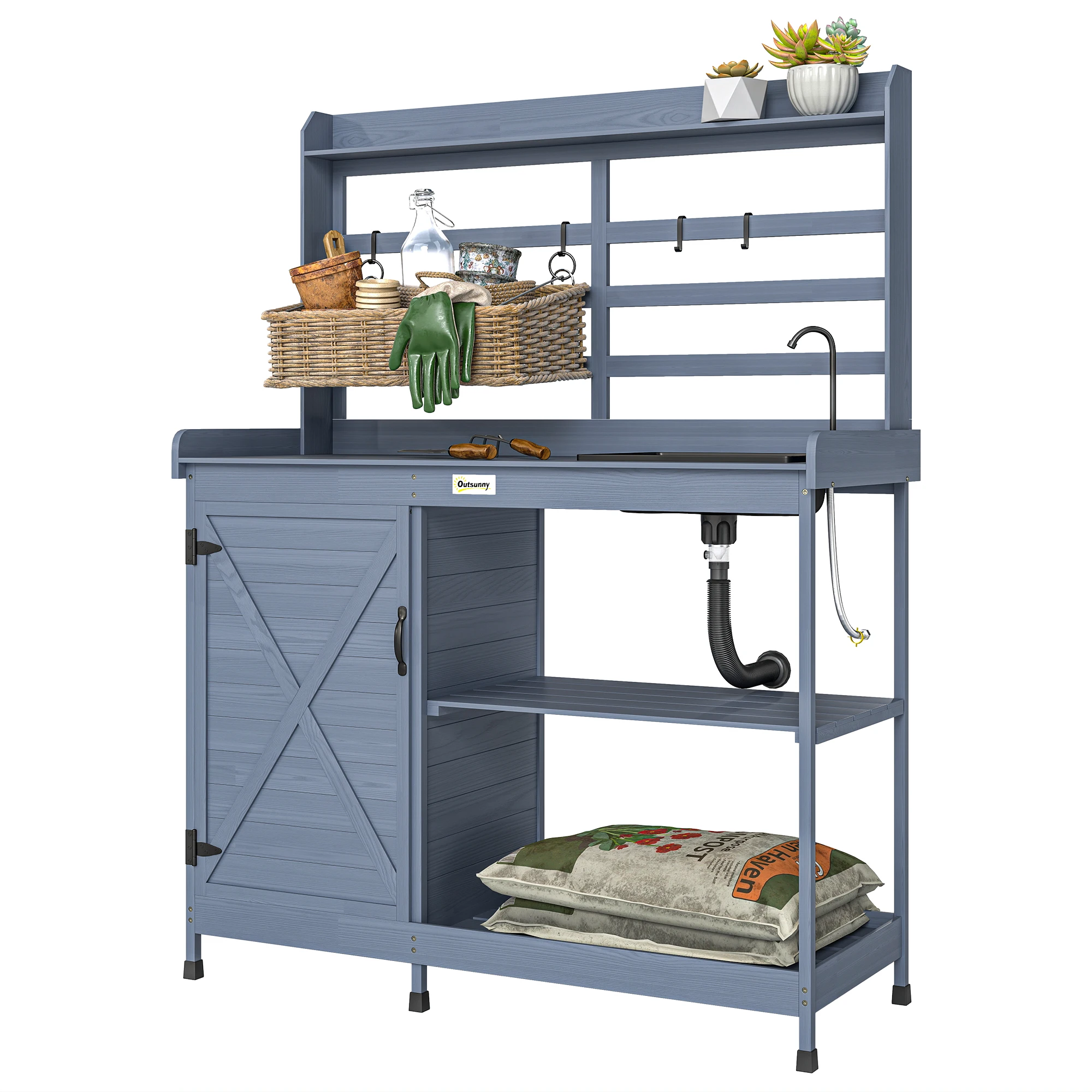Wooden Potting Bench with Storage, Sink, Water Taap for Backyard, Patio, Balcony, Gray