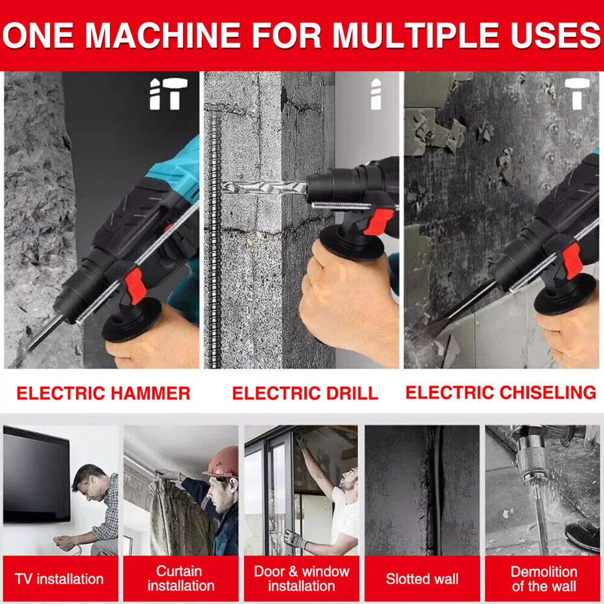 3000W Electric Rotary Cordless Hammer Drill 360° Rotating Handle SDS Chisel Set