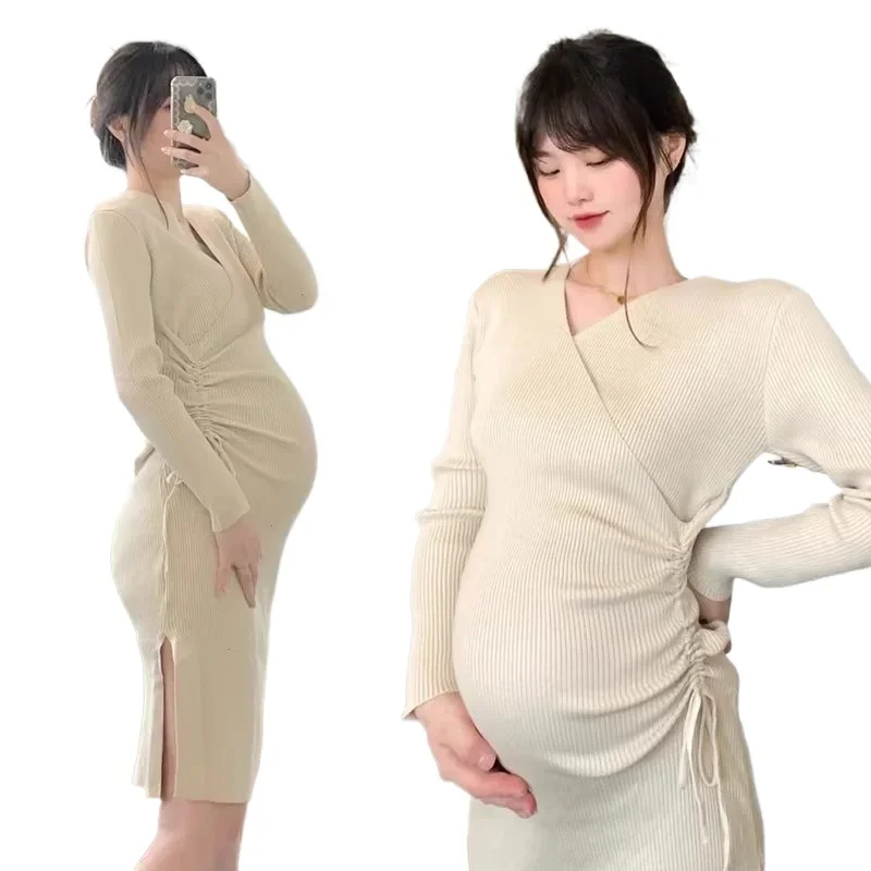 

Autumn Maternity Knitting Dress Beige Stretched Drawstring Waist Side Split Pregnant Woman Skinny Dress Cross V-neck Sexy Dress