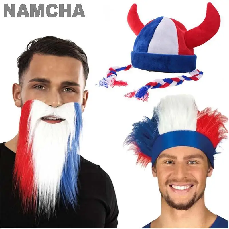 Perruque de cosplay de la ligue française pour homme, moustache, chapeau imbibé, bleu, blanc, rouge, drôle, accessoires de costume excentriques, jeu de balle, décoration de sport