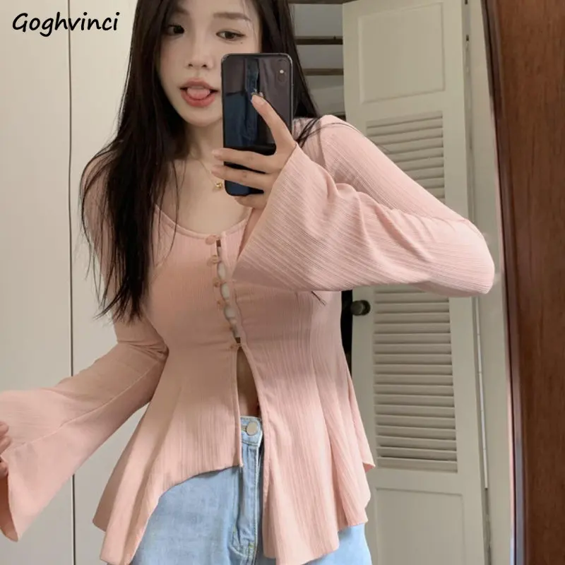 Koszulki damskie z falbankami, rozkloszowane rękawy, seksowne, dopasowane, różowe, jednolite, proste, wiosenne, uniwersalne, codzienne, ulzzang, streetwear damski