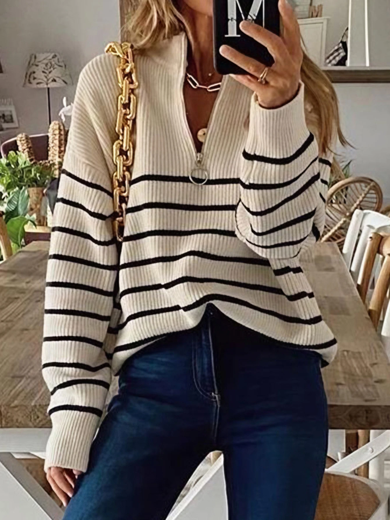 سترة نسائية ذات ياقة مدورة وأكمام طويلة وسحاب بلوفر علوي مخطط بألوان متطابقة على الطراز الأوروبي الأمريكي موضة الخريف والشتاء #3