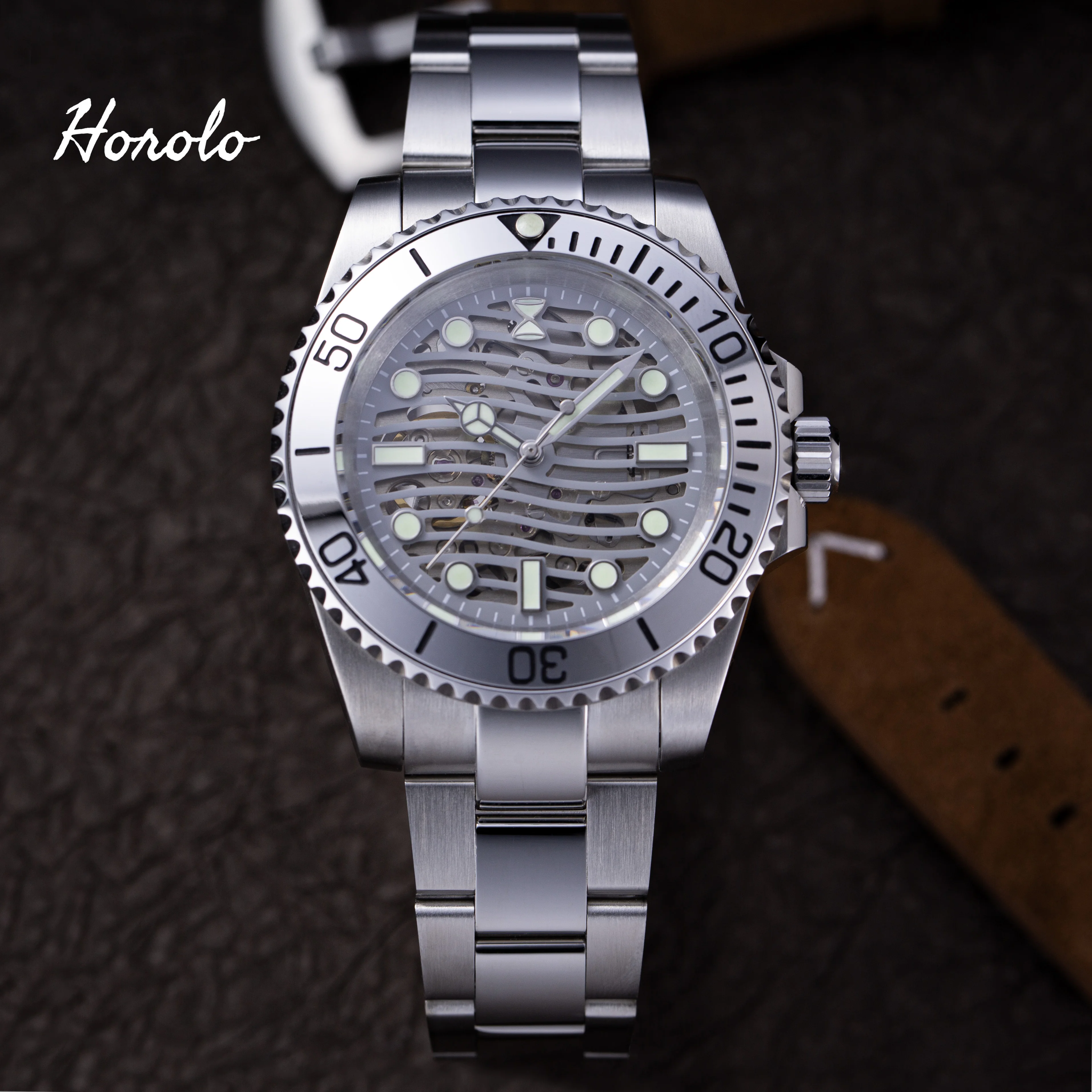 

Horolo Men's Skeleton Automatic Watch NH70 Japan Movement Stainless Steel Case Super-Luminous 20ATM Water Resistant HRLS6007F1