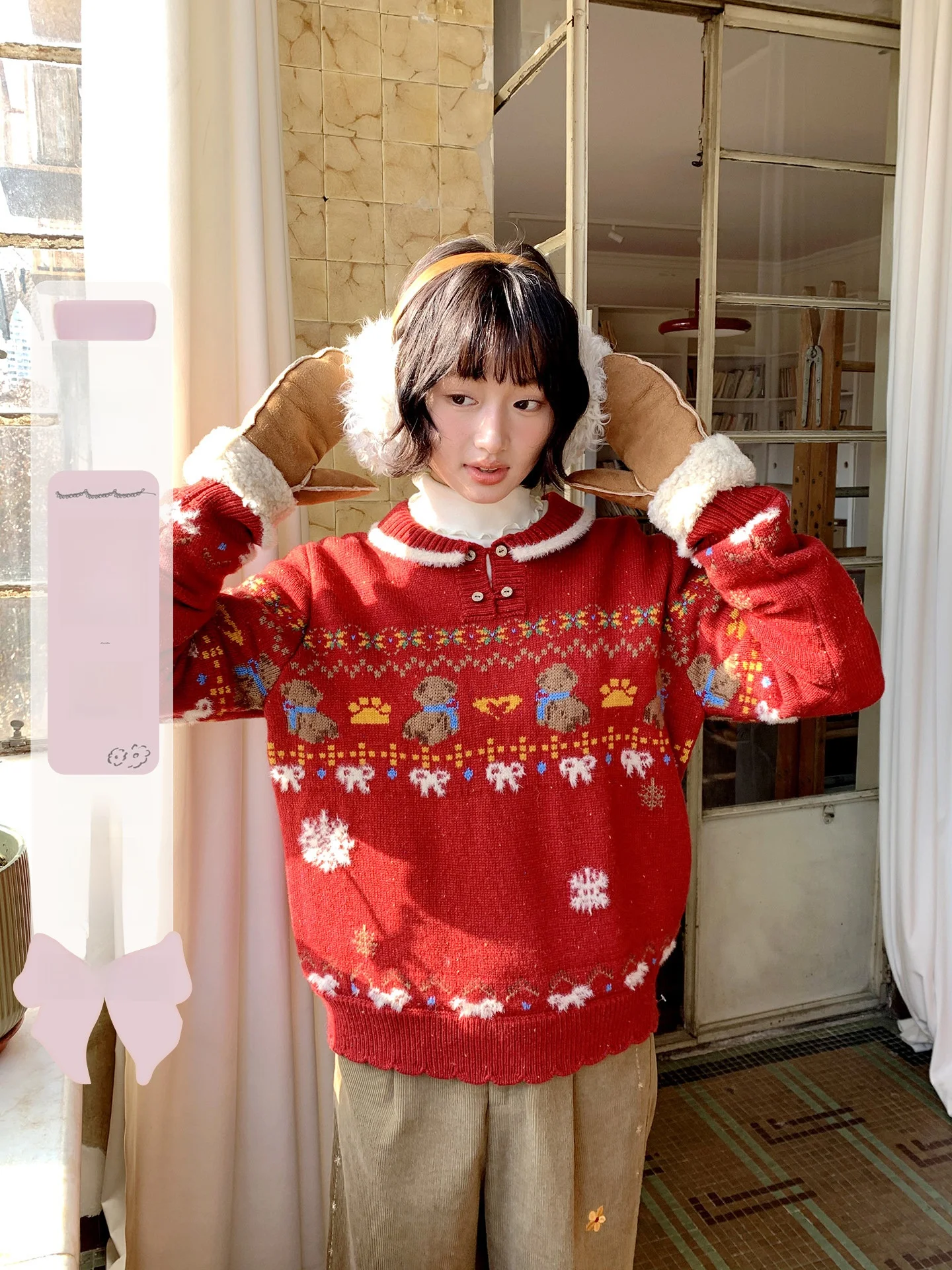 

Red Knitted Fair Isle Sweater Women's Wool Blend New Year's Fashion Cute Style Loose Fit Long Sleeve Bear Patterned Single Bu...