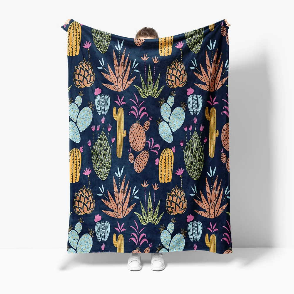 Cute Floral Cactus Print Fleece Blanket Soft Warm Throw Blanket for Kids Girls Teens Adults Gift