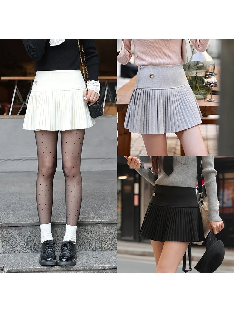 

Pure Color Woolen Plaid ort Skirt Women's Busin Casual High Waist Slimming A-Line Skirt Fall Winter New Sle