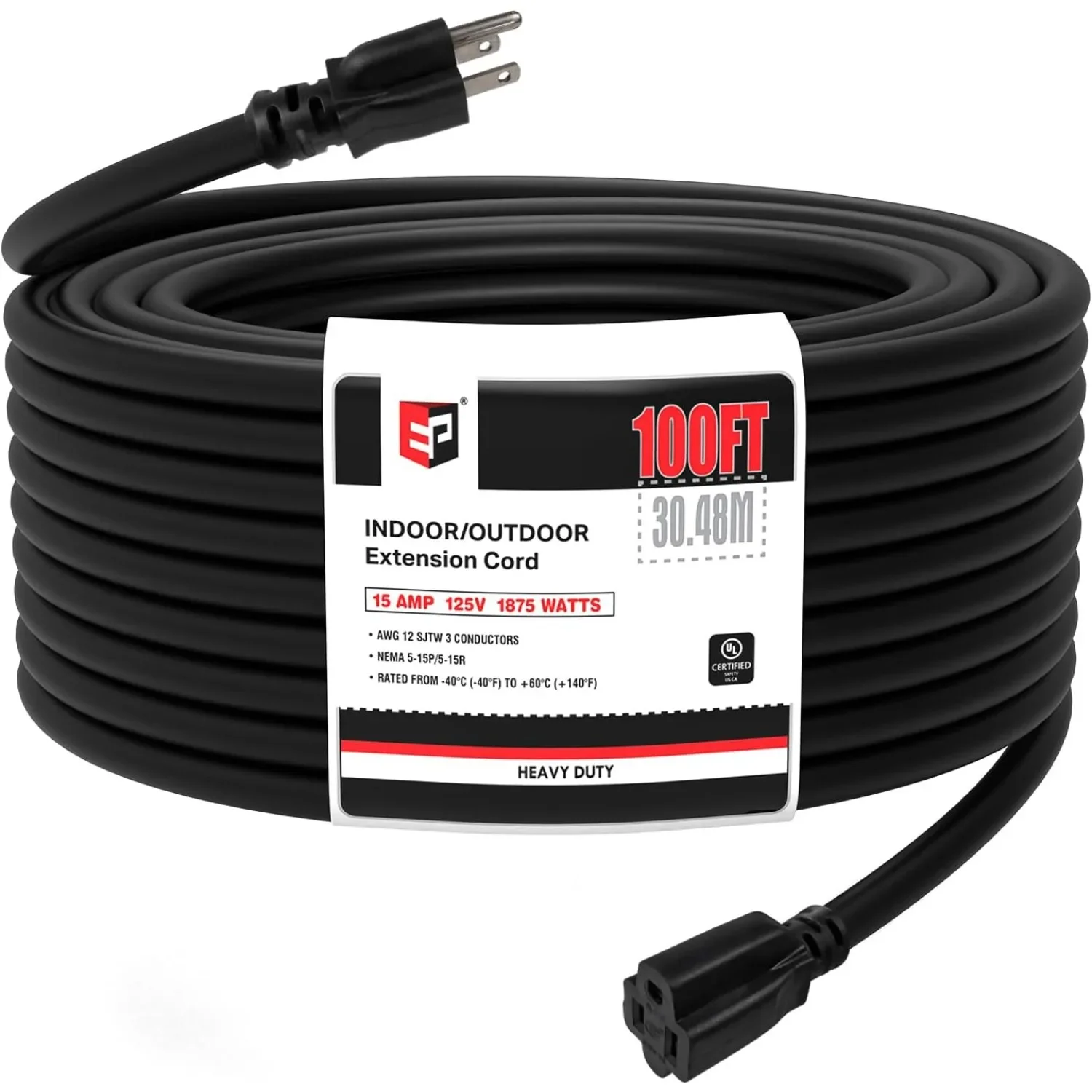 100 Ft Outdoor Extension Cord - 12/3 SJTW Heavy Duty Black Extension Cable with 3 Prong Grounded Plug - Power Cord, Appliances