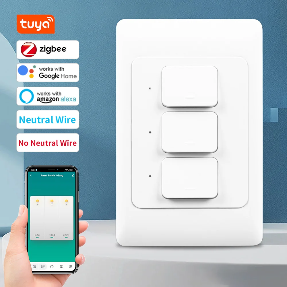 Tuya zigbee Smart Light Switch US Push Button Wall Switch 110-240V 1/2/3 gang Work With Alexa Google Home No Capacitor Required