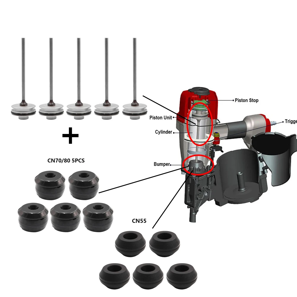 

10pcs Nail Gun Piston Driver Unit and Bumper for CN55#26 CN70#48/49 CN80#55/56 Coil Nailer Spare Parts Main Piston Unit Cushion