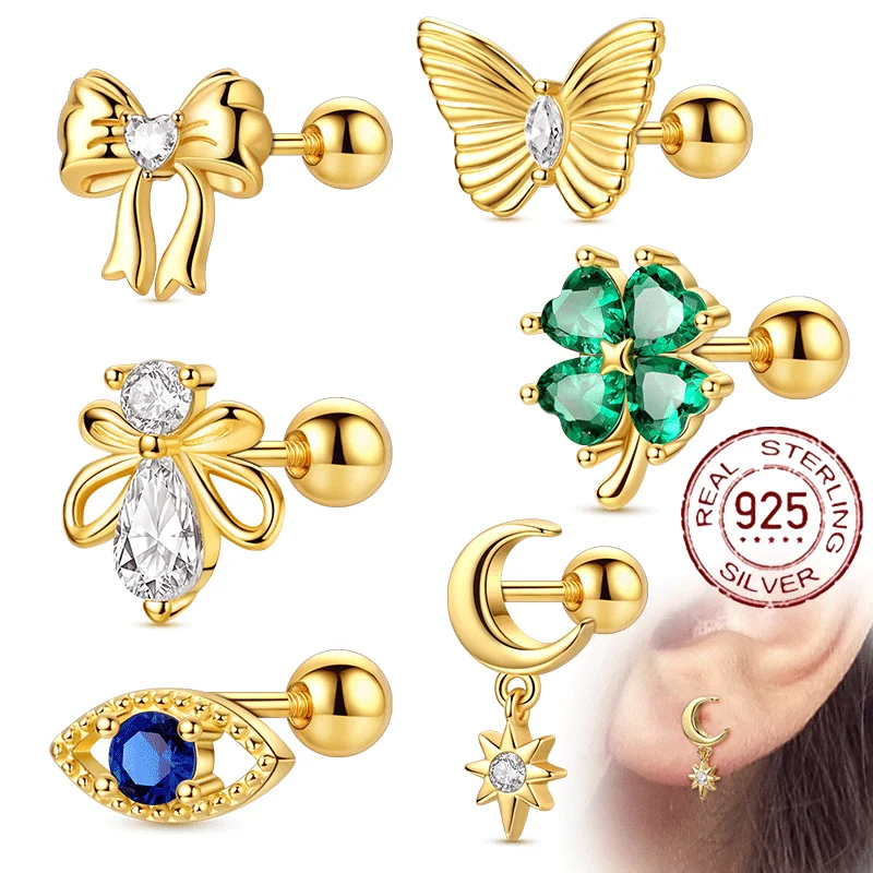 

925 Sterling Silver 1pc Y2K Zircon Gold Color Screw Ball Screw-Back Stud Earrings for Women Simple Fine Jewelry Pendientes