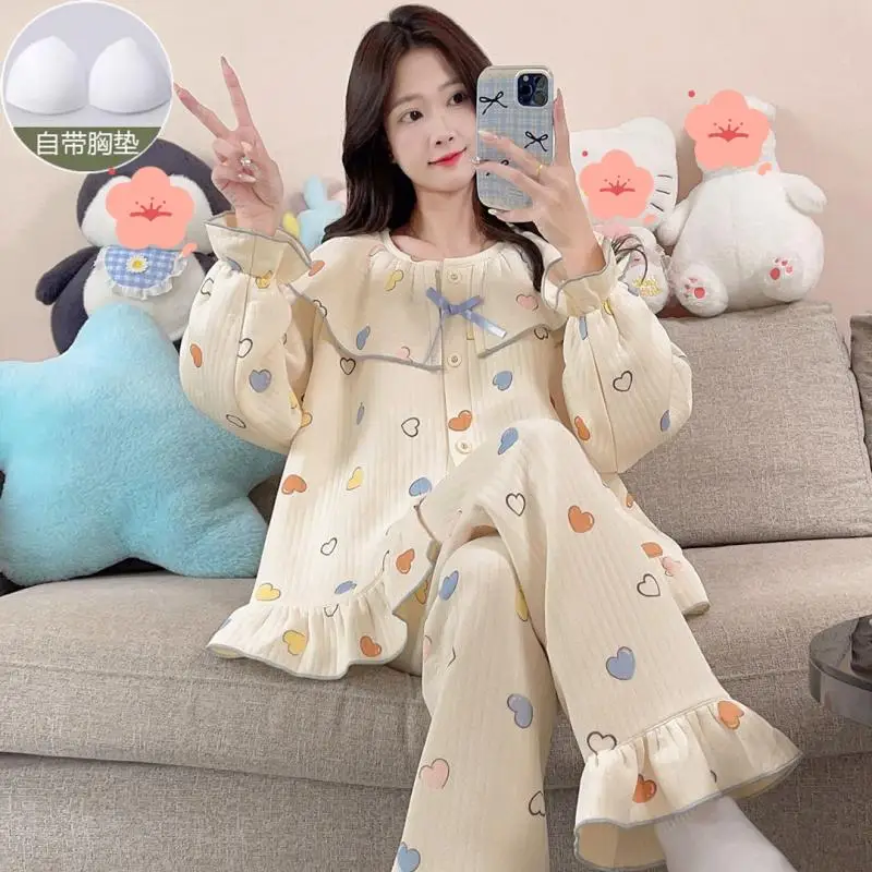 

autumn winter Women's pajamas new model keep warm Comfortable Sleepwear sweet thicken cardigan long sleeves pants homewear suit