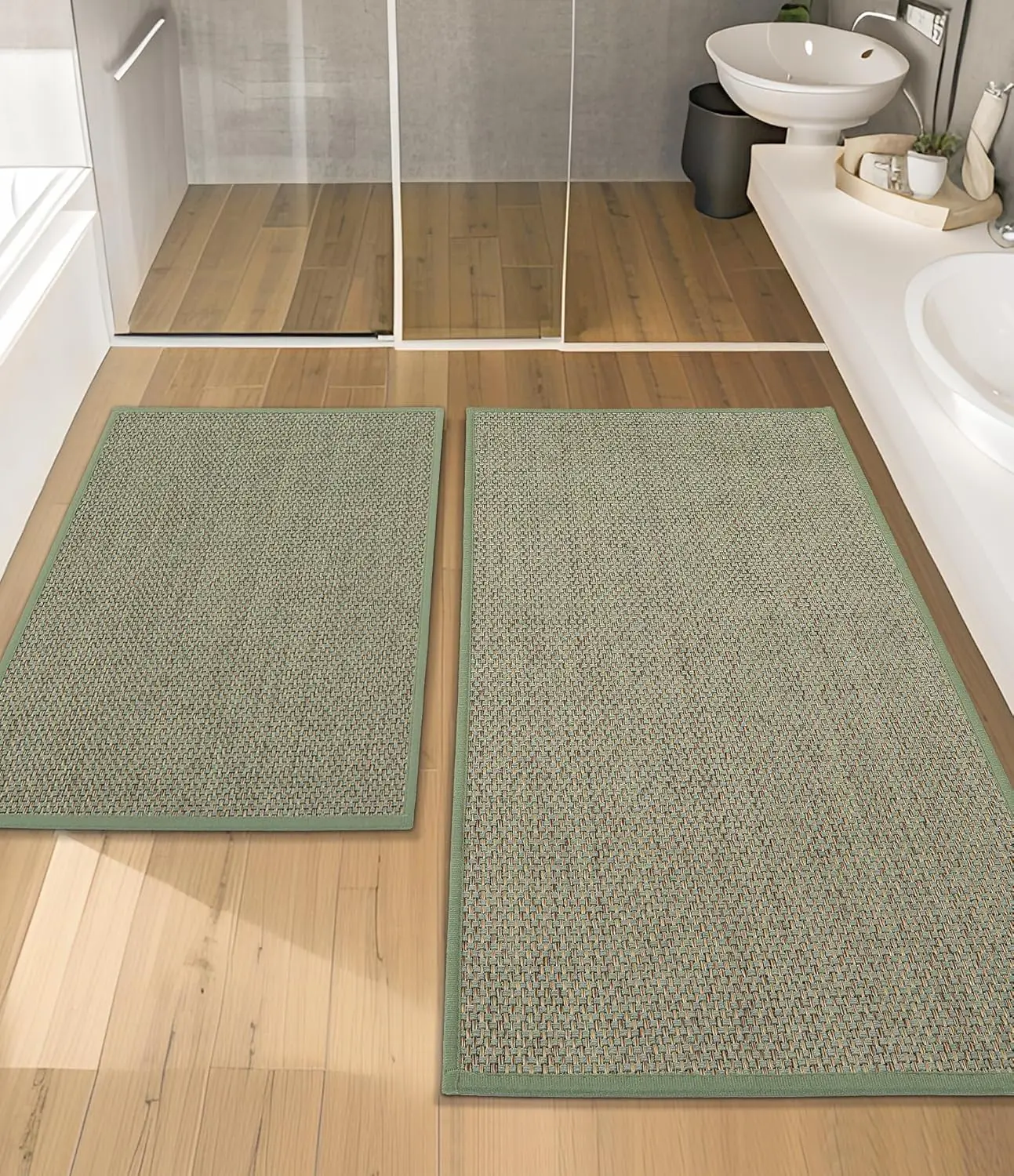 

Bathroom Rugs Sets 2 Pieces, Green Ultra Thin Bath Mats Fit Under Door, Absorbent Quickly Dry Rubber Backing Braided Bat