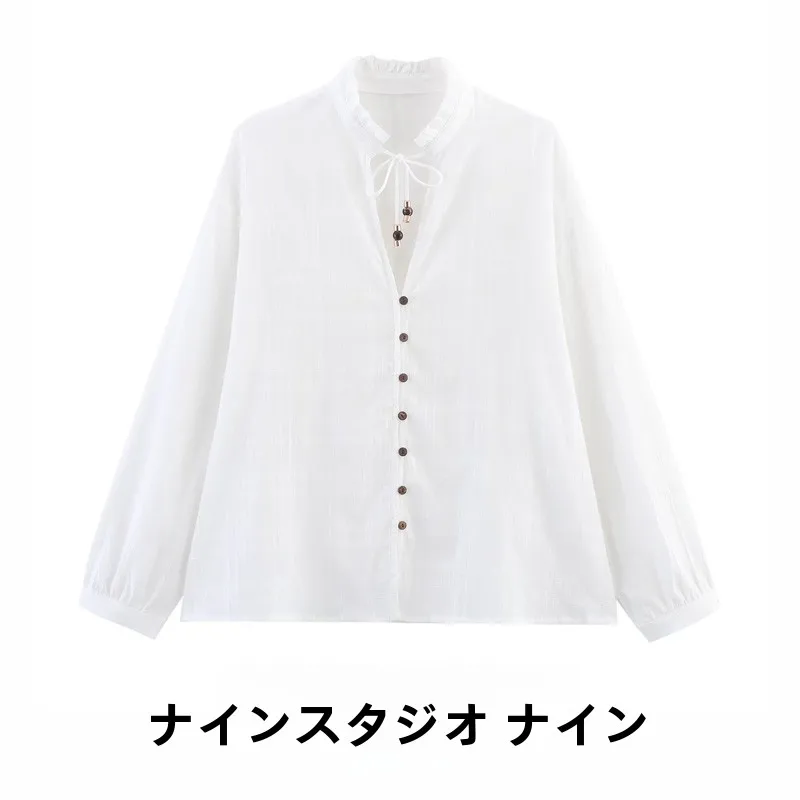 

Loose Long Sve Beaded Wooden Button Women's irt Versatile Casual Sle Commute Spring Season Color Polyester Fiber