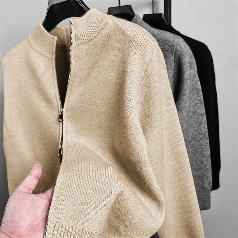 Autumn and Winter Men\'s Solid Color Classic Design Business Zipper Cardigan Korean Style Lapel Long-sleeved Wool Coat Top