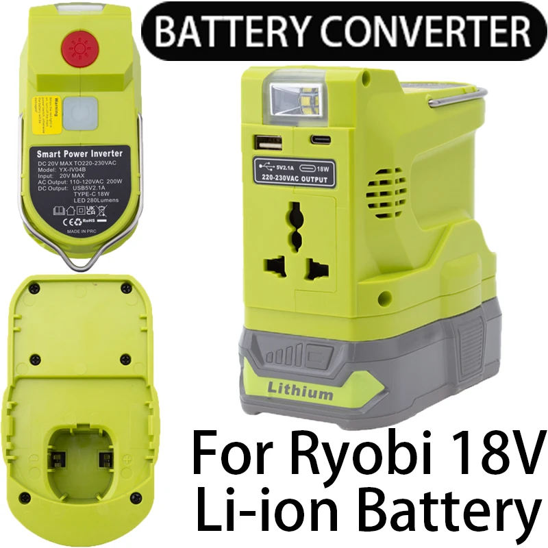 

Battery inverter for Ryobi 18V Li-ion battery inverter with LED light and USB and Type-C output interface power tool accessories