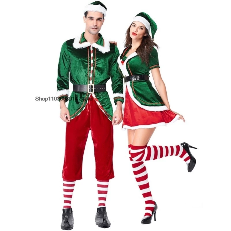 Santa Claus Elf Little Helpers Costume Christmas Elves Adult X-mas Family Mr Mrs Fleece Velvet Matching Outfit For Men Women