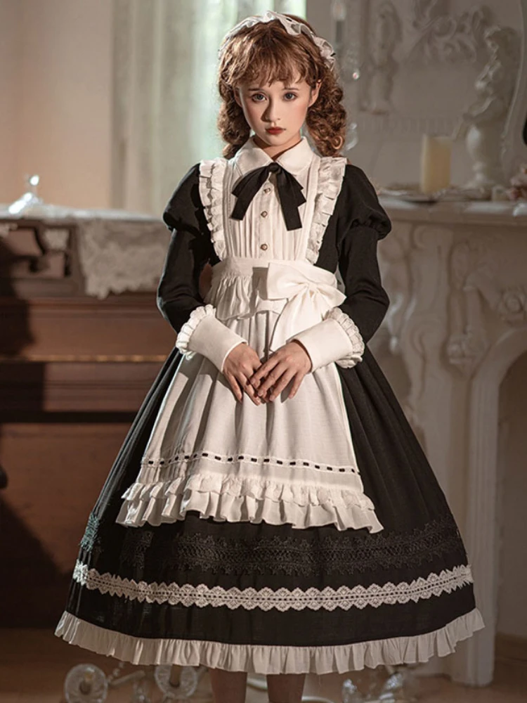 

Gothic Lolita Dress Ruffles Bows Long Sleeves Polyester Maid Dress Black Lolita Dress Apron 2-Piece Set