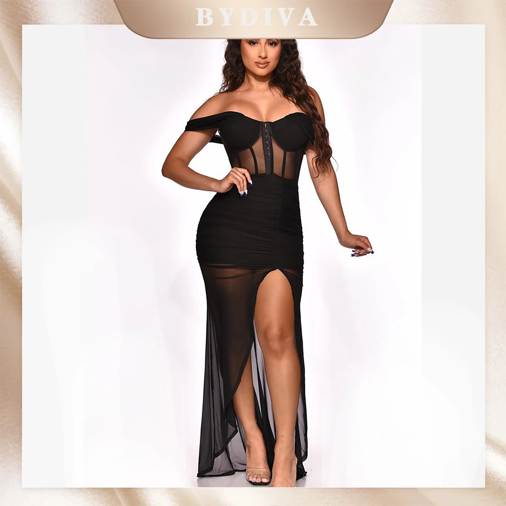 BYDIVA – robe longue transparente en maille pour femmes, épaules dénudées, fente haute, Sexy, Clubwear de nuit