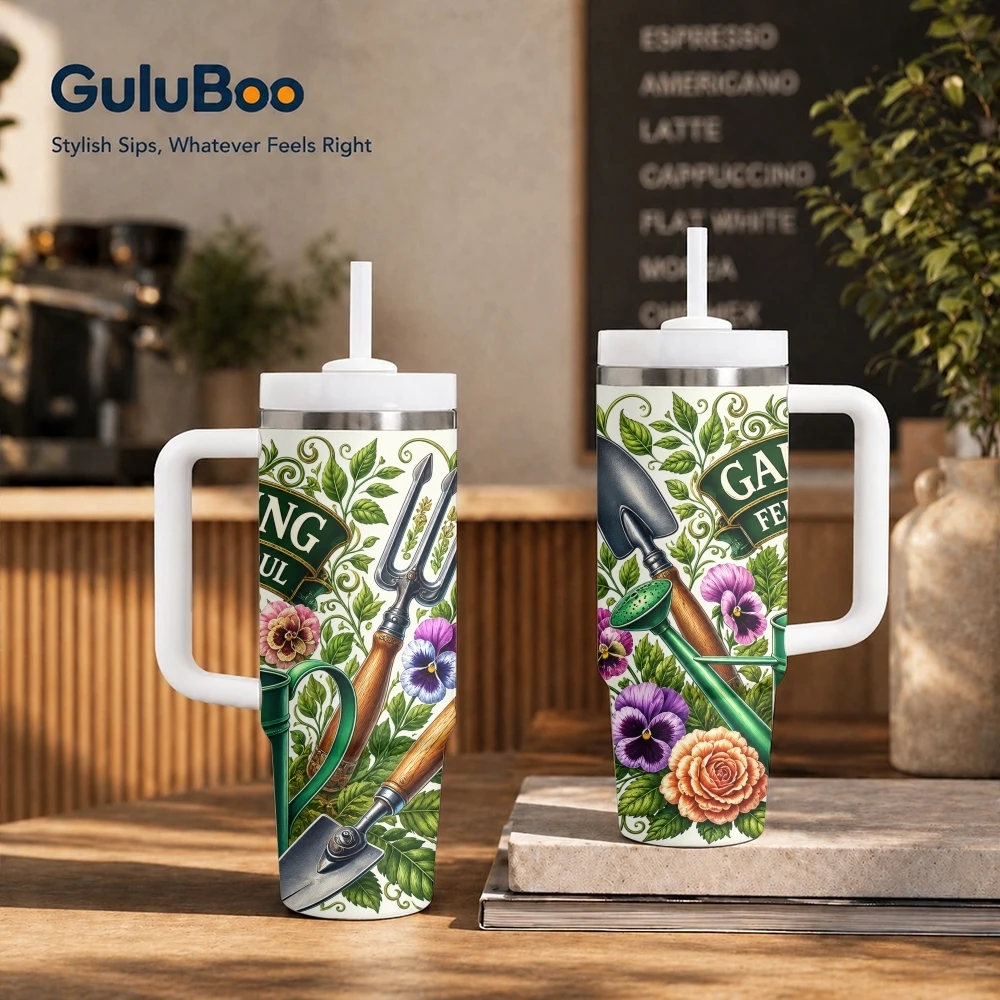 Vintage Garden Bloom Vacuum Flasks 40oz Stainless Steel Insulated Tumbler with Handle & Straw Leakproof Travel Mug