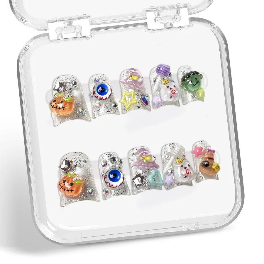 

Пресс на ногти ручной работы. Милый Хэллоуин. Пресс на ногти. Короткая утка. 3D. Уникальная тыква. Маленький призрак. Дизайн глазного яблока. Роскошные накладные ногти.